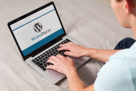 Male using wordpress on laptop